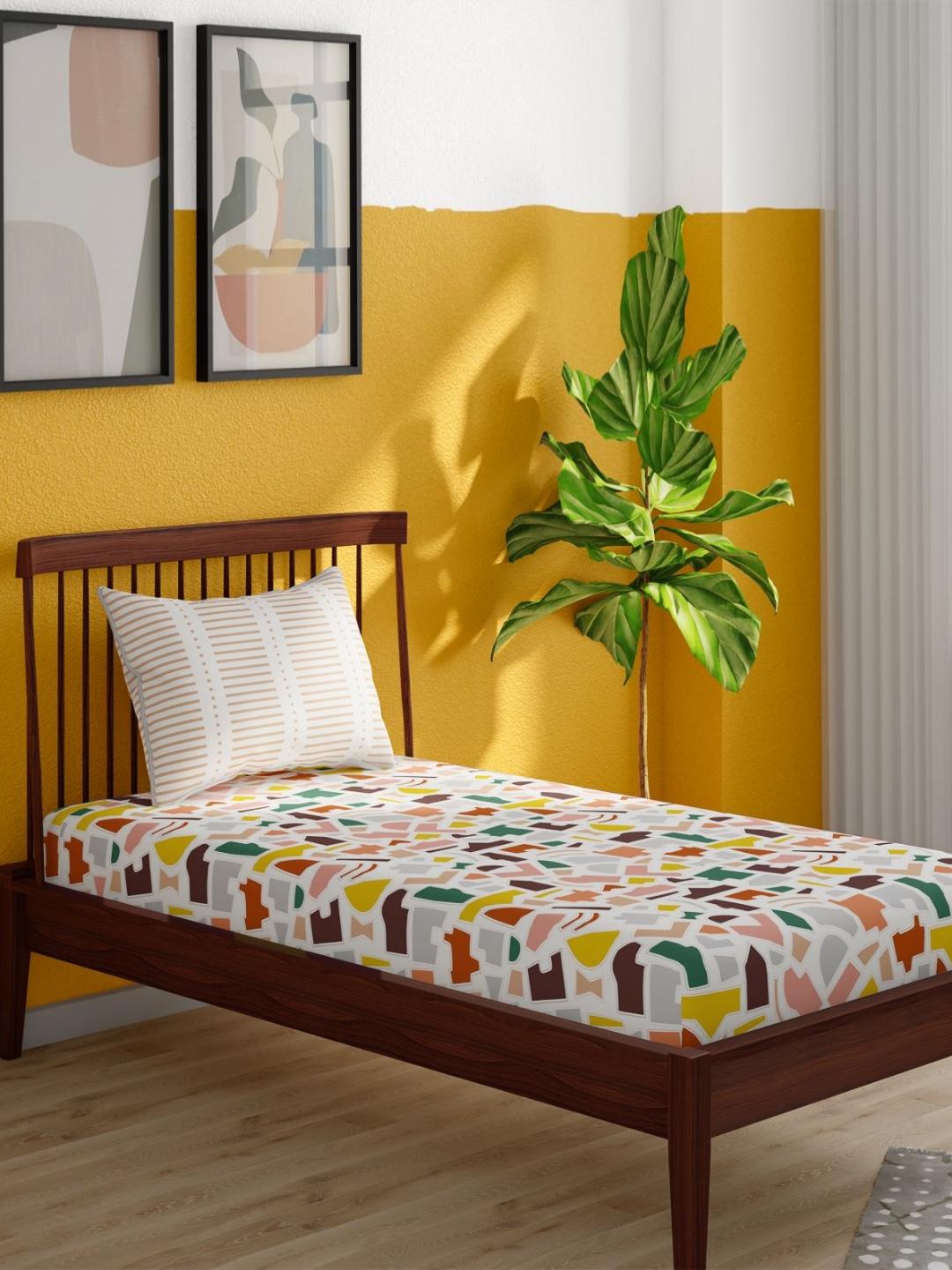 Buy Portico White & Yellow Abstract Printed Cotton 152 TC Single Bedsheet Set 2.24 M X 1.5 M - - Home for Unisex
