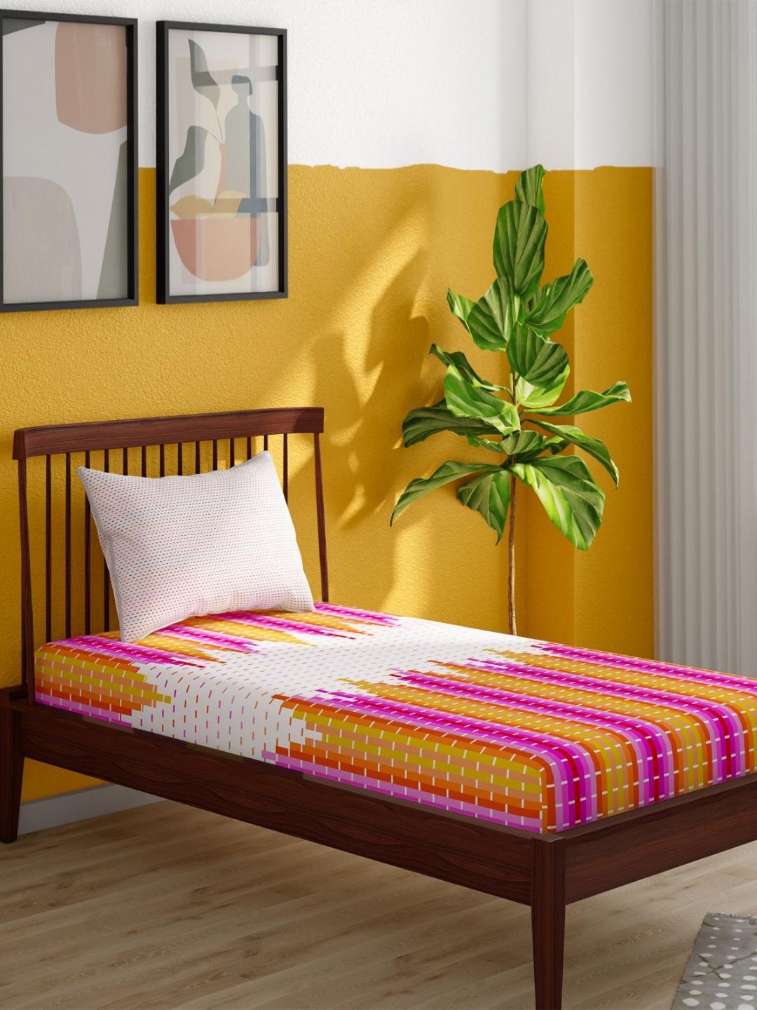 Buy Portico White & Yellow Abstract Printed Cotton 152 TC Single Bedsheet Set 2.24 M X 1.5 M - - Home for Unisex