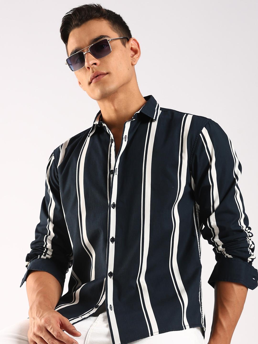 HERE&NOW Men Vertical Striped Spread Collar Cotton Casual Shirt