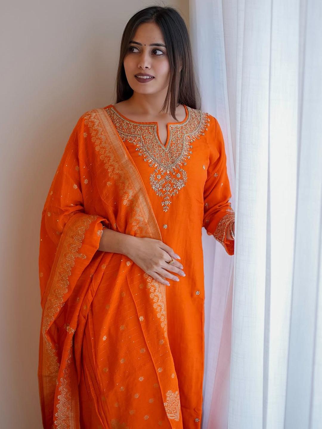 Women's Yellow Embroidered Beads and Stones Kurta Set with Dupatta