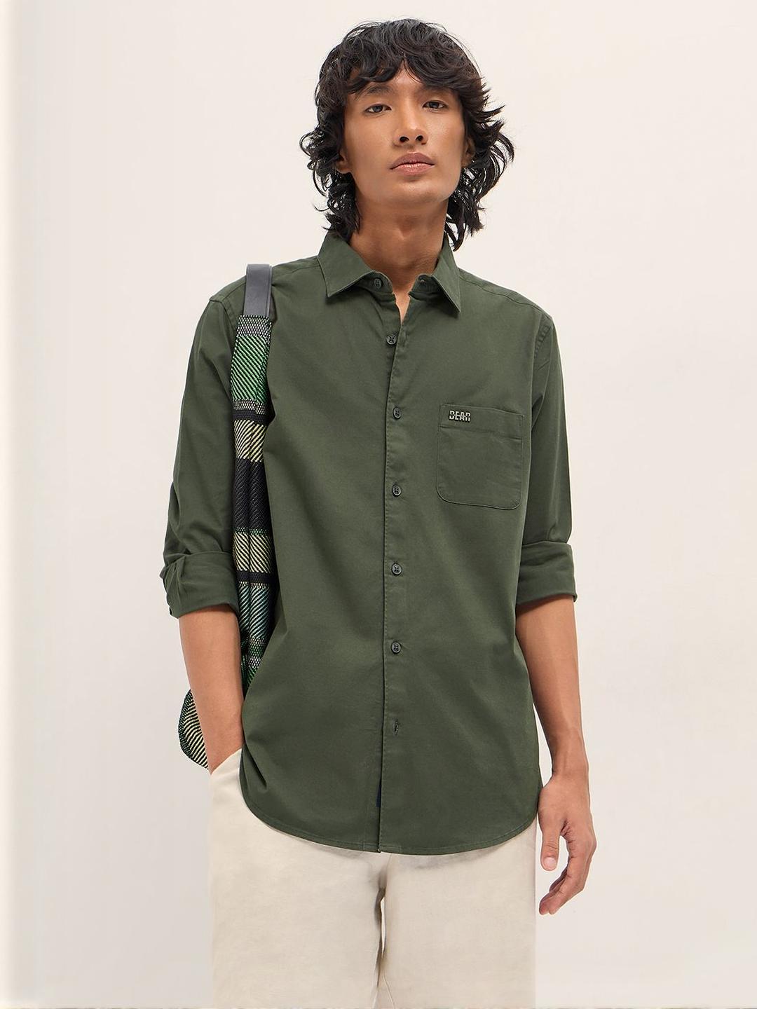THE BEAR HOUSE Men Solid Spread Collar Cotton Casual Shirt
