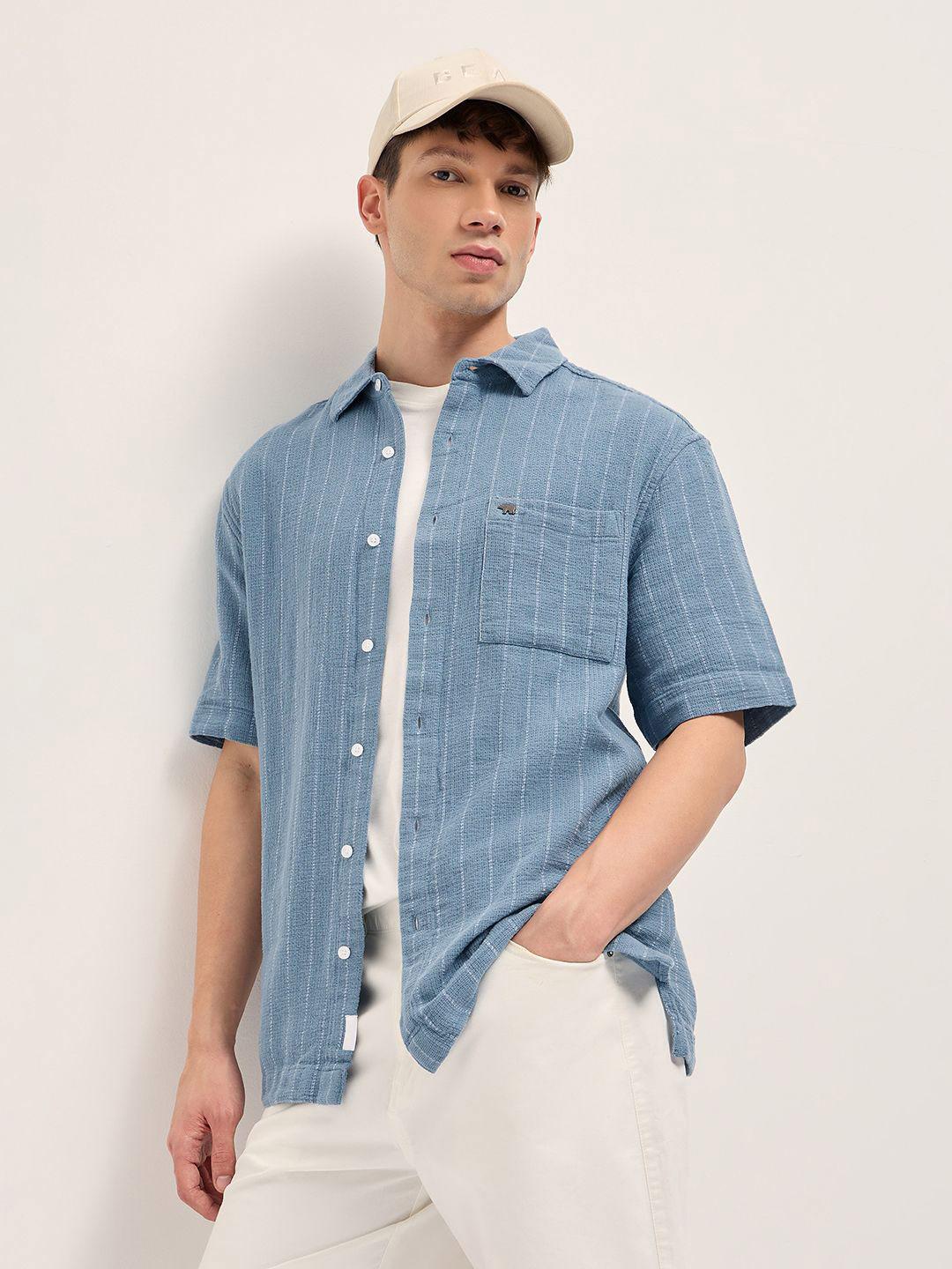 THE BEAR HOUSE Men Relaxed Fit Vertical Striped Spread Collar Pure Cotton Casual Shirt