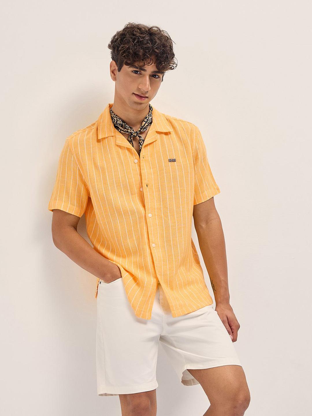 THE BEAR HOUSE Striped Cuban Collar Relaxed Fit Linen Casual Shirt