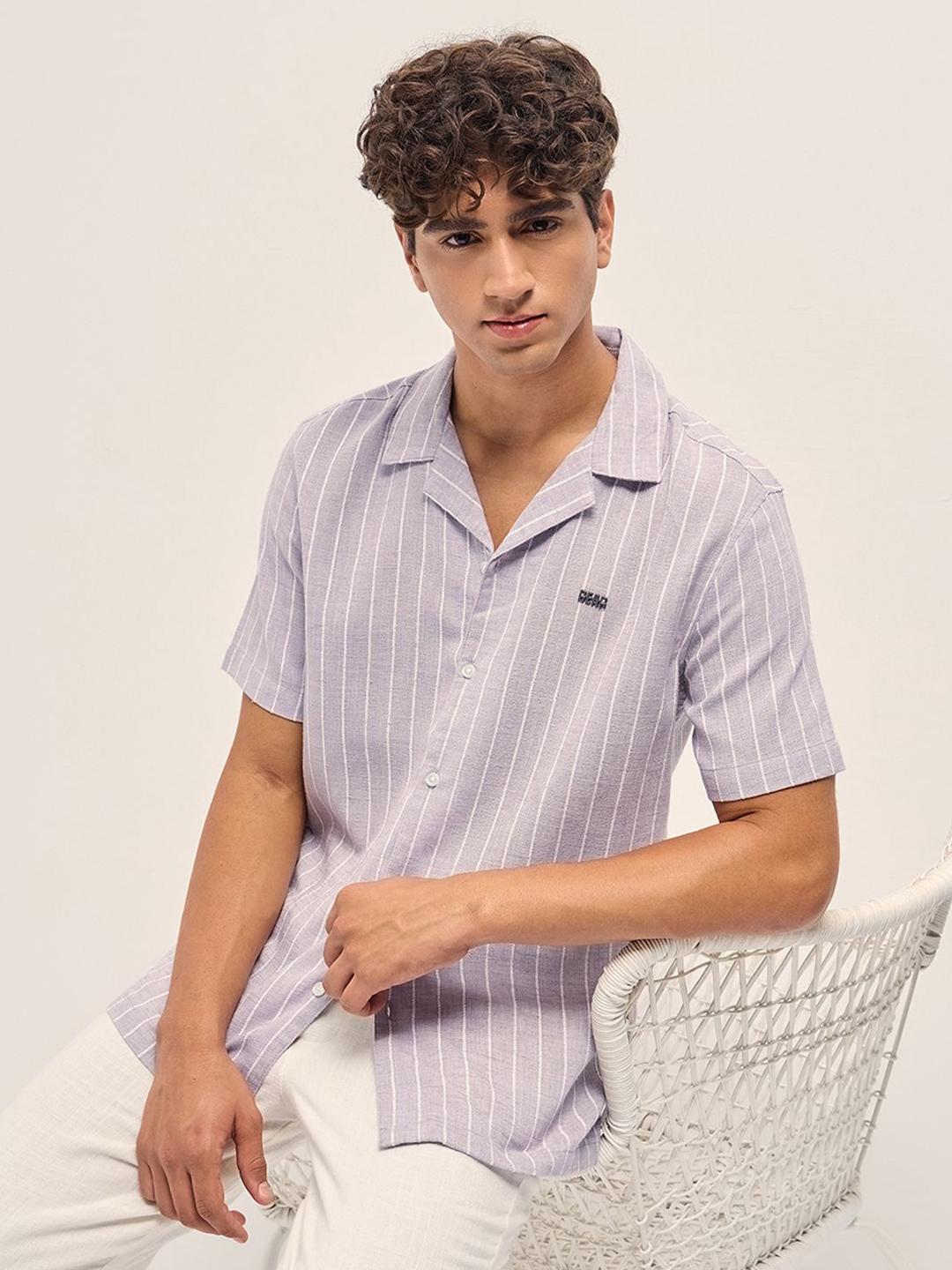 THE BEAR HOUSE Men Vertical Striped Cuban Collar Linen Casual Shirt