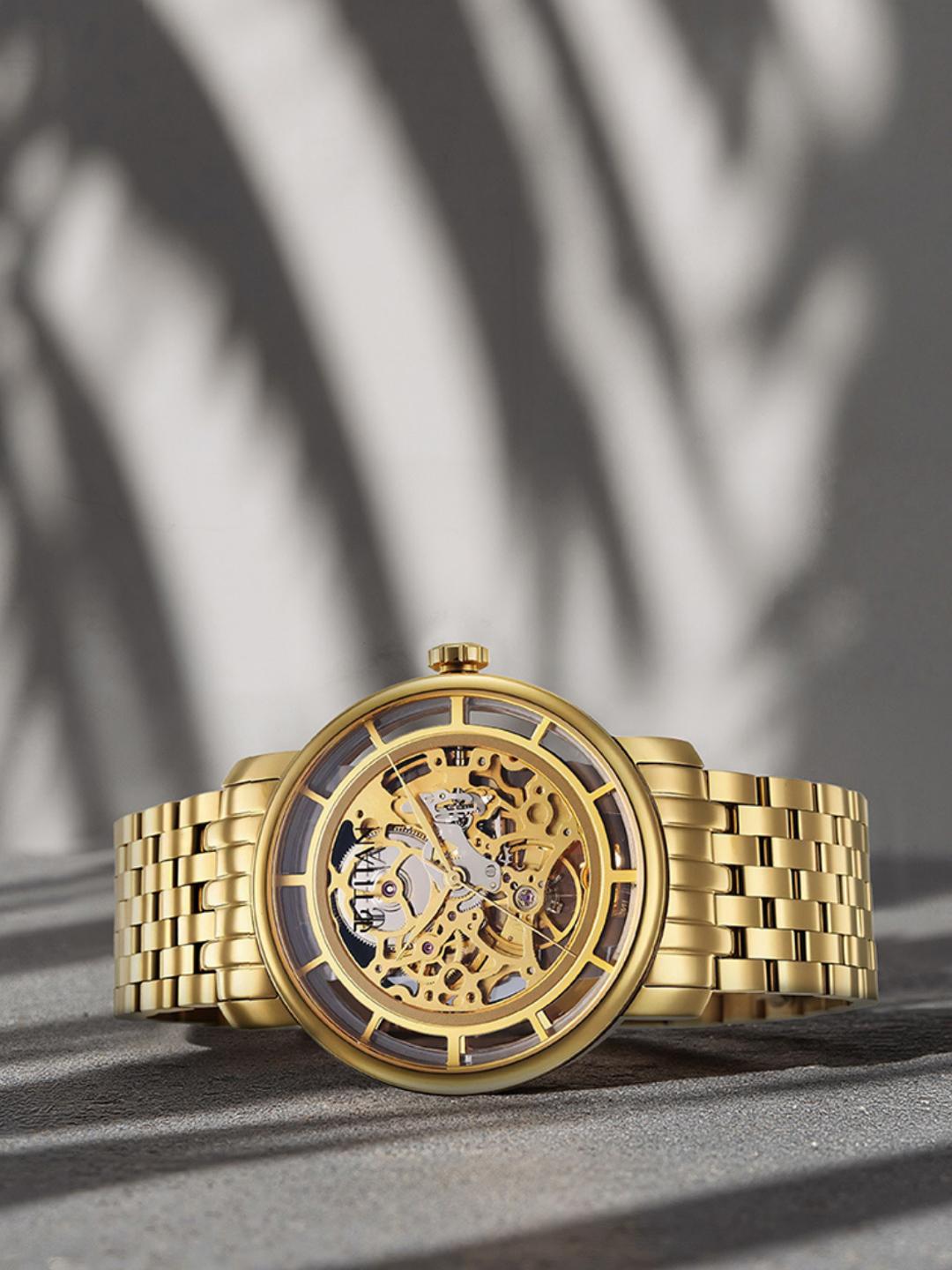 Buy Titan Mechanical Slimline Automatic With Golden Dial Watch For Men Nt90158ym01 - - Accessories for Men