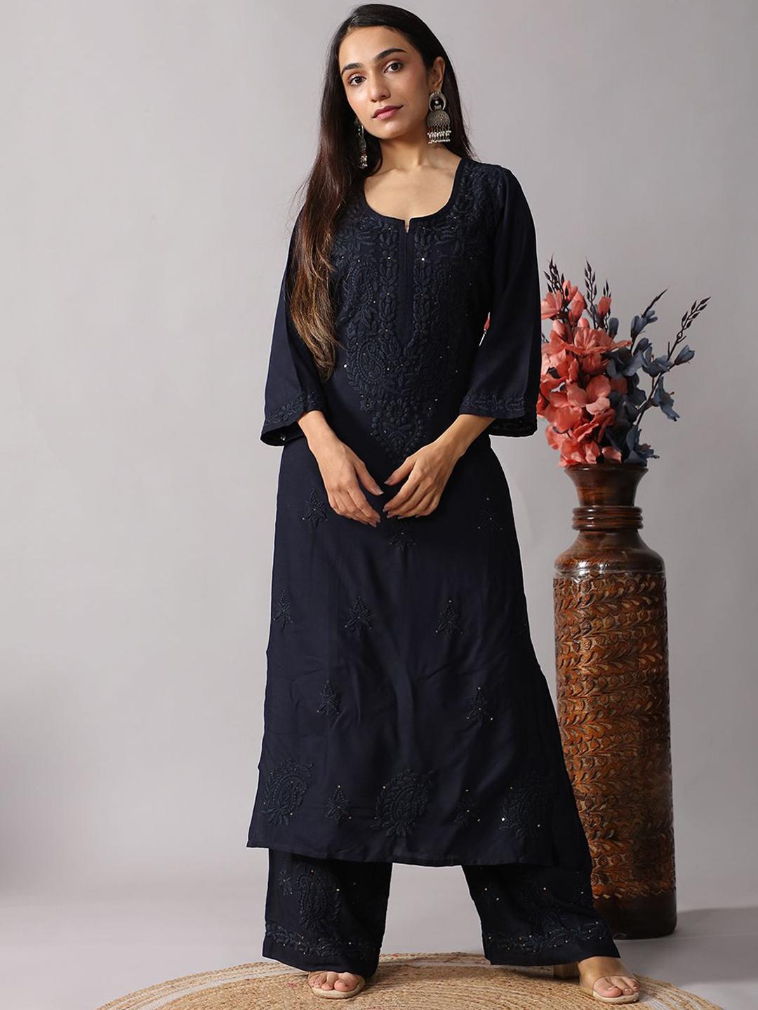 Black Illusion Neck Thread Work Palazzo Set With Dupatta
