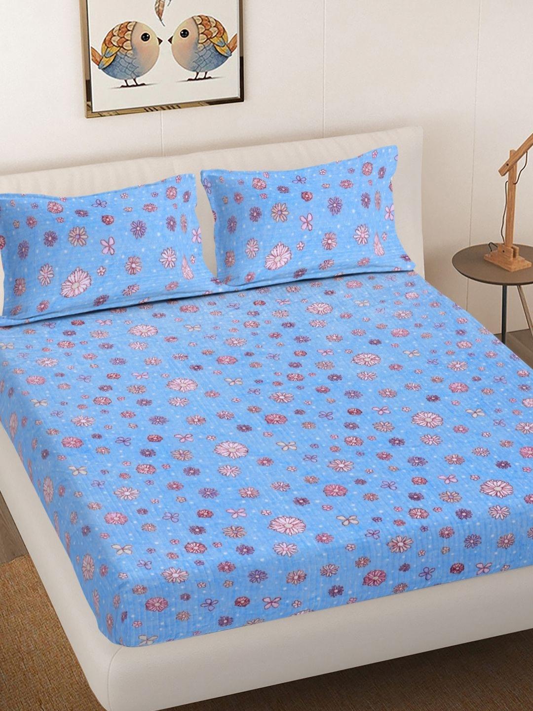 Buy Myntra Elegant Homes Blue Printed Woollen 300 TC Fitted King Bedsheet Set 2.5 X 2.2 M - - Home for Unisex