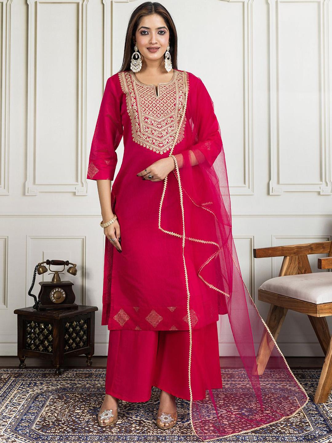 Floral Yoke Design Chanderi Cotton Kurta With Trousers & Dupatta