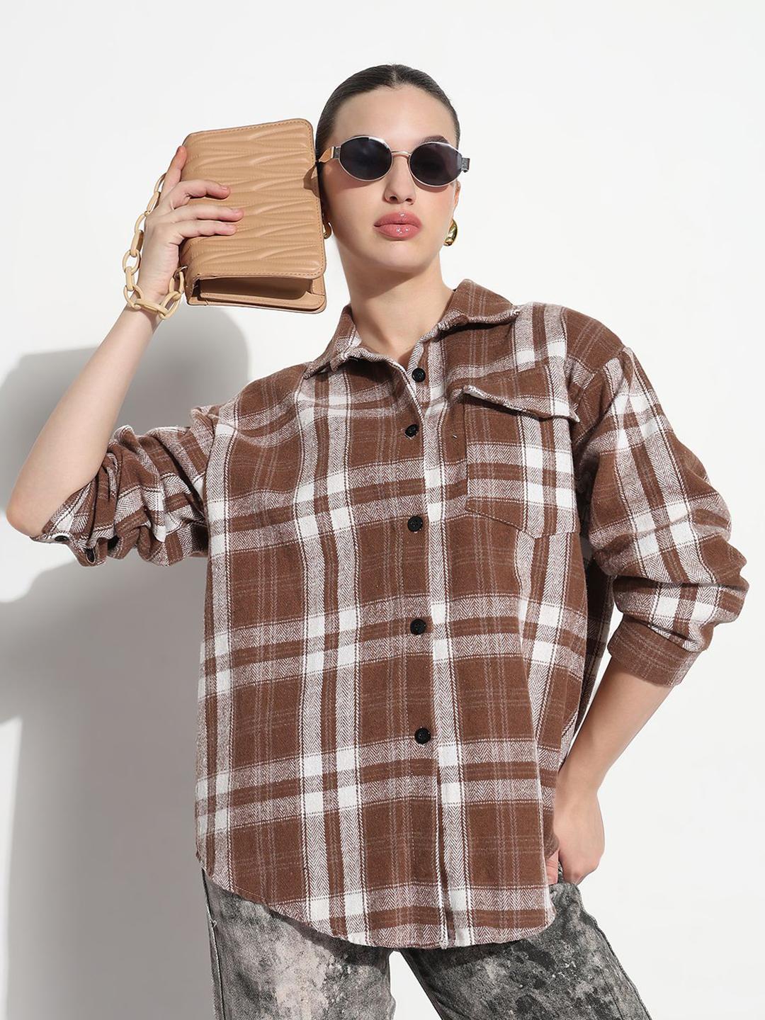 Buy SHOWOFFFF Checked Spread Collar Casual Oversized Pure Cotton Shirt - - Apparel for Women
