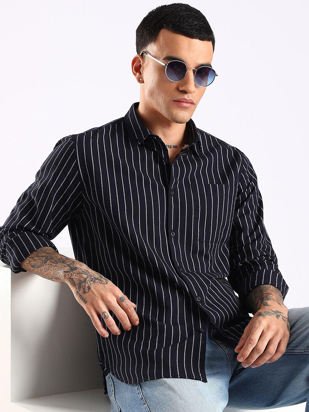 HERE&NOW Men Slim Fit Vertical Striped Button-Down Collar Cotton Casual Shirt