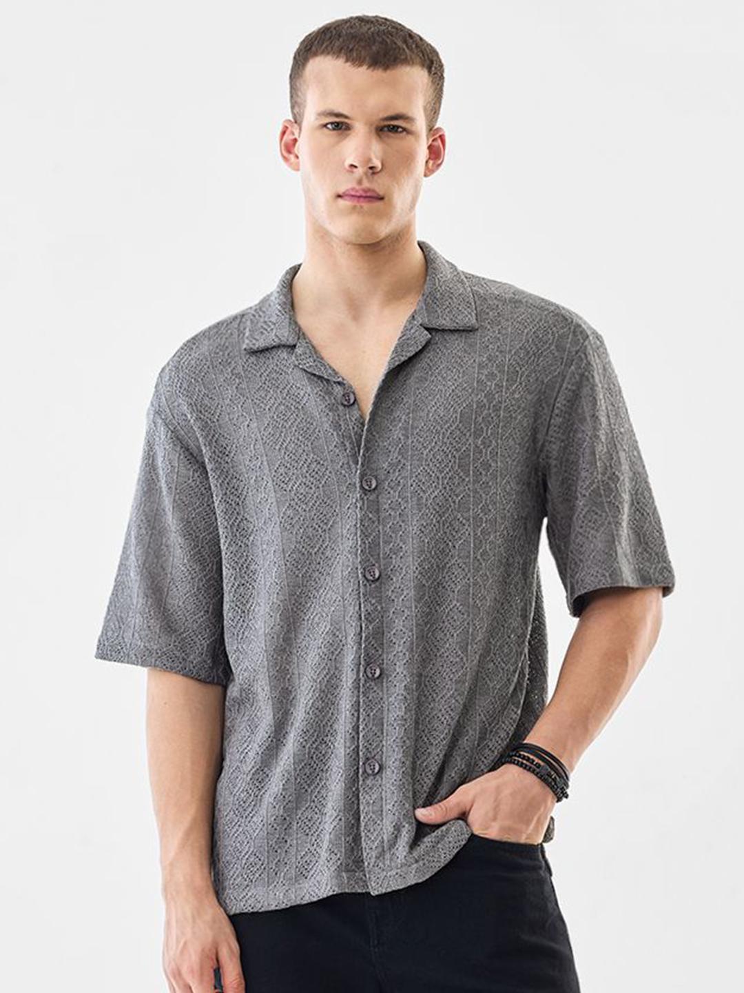 Snitch Men Boxy Fit Textured Cuban Collar Casual Shirt