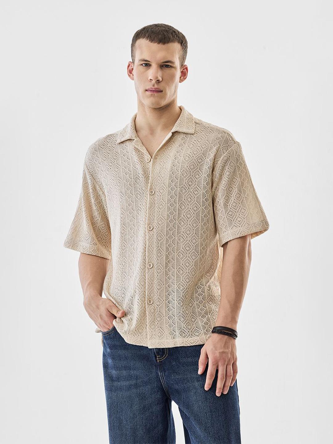 Snitch Textured Boxy Cuban Collar Semi Sheer Casual Shirt