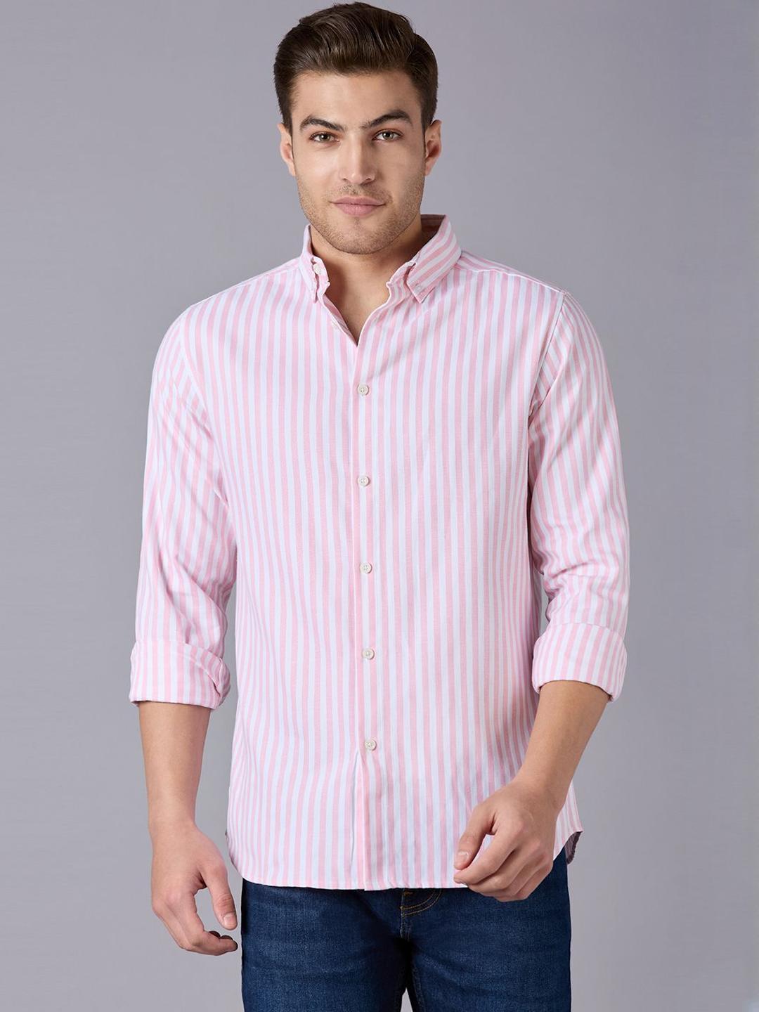 Mast & Harbour Peach Coloured & White Oxford Striped Relaxed Cotton Casual Shirt