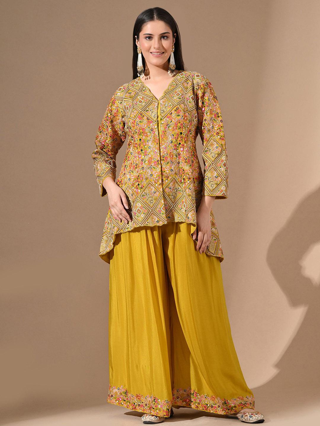 Embroidered Chinon Kurta With Plazzo & Dupatta