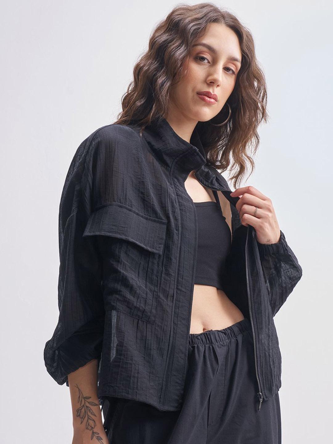 Tokyo Talkies Women Stand Collar Self Design Casual Bomber Jacket