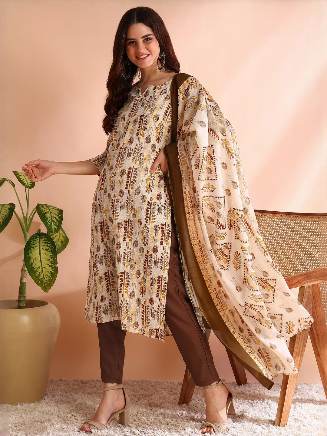 Women's Brown Ethnic Motifs Printed Beads and Stones Silk Crepe Kurta Set
