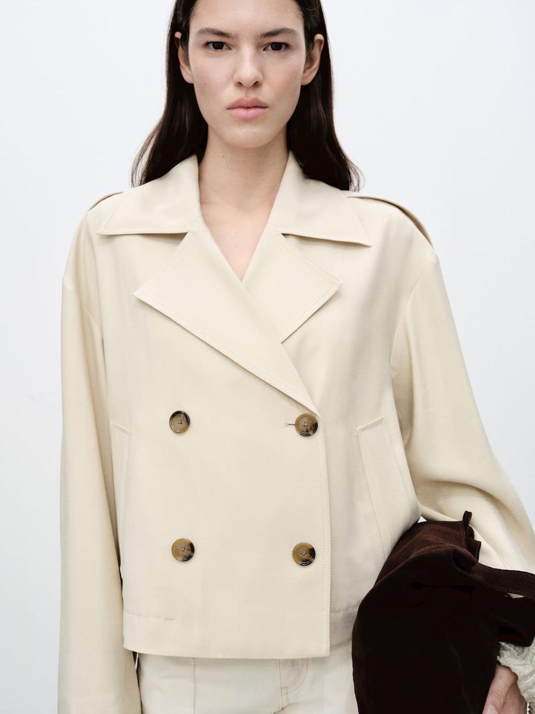 MANGO Notched Lapel Collar Double-Breasted Crop Tailored Jacket