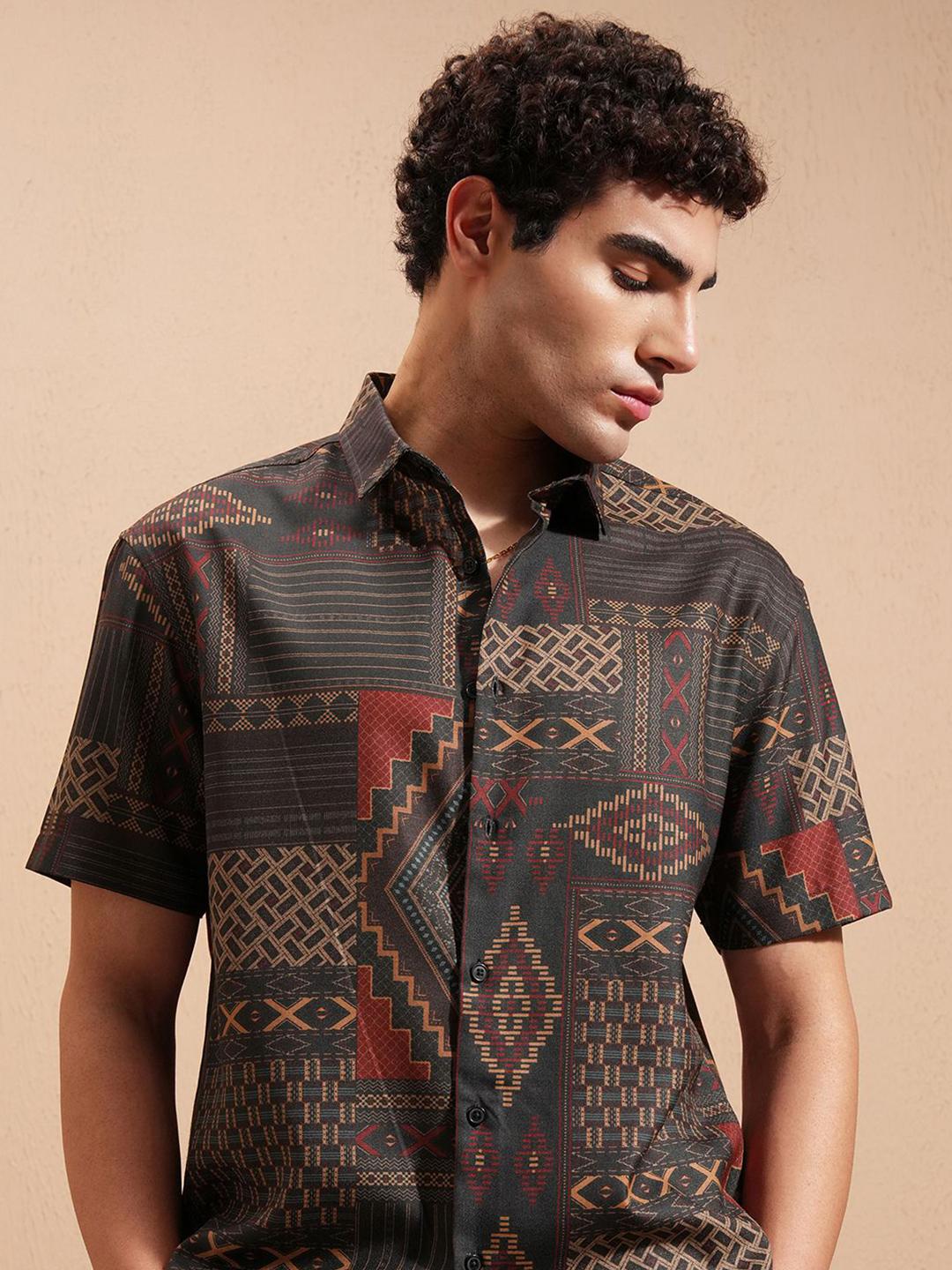 HIGHLANDER Geometric Printed Cuban Collar Relaxed Fit Shirt