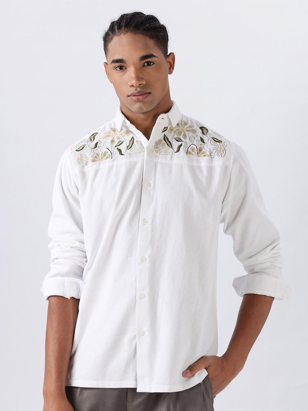 Men's White Premium Spread Collar Floral Printed Cotton Casual Shirt