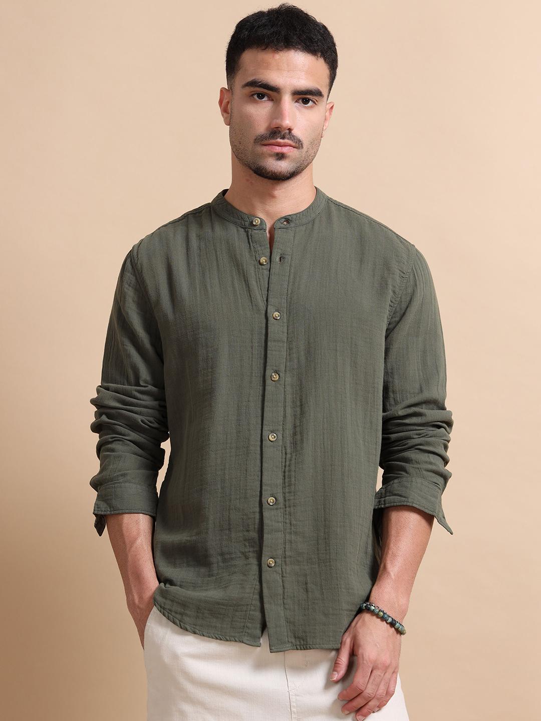 StitchX Men Long Sleeve Mandarin Collar Shirt