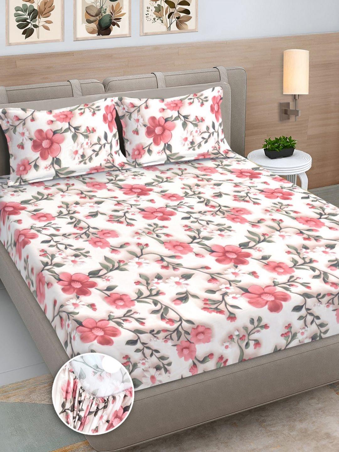 Buy Myntra Elegant Homes White & Pink Floral 300 TC King Size Fitted 7D Bedsheet & 2 Pillow Covers -  - Home for Unisex