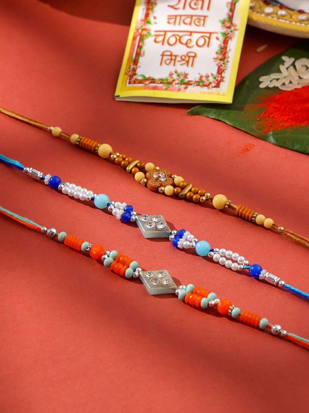 Buy Sangria Set Of 3 Artificial Studded & Beaded Thread Rakhis With ...