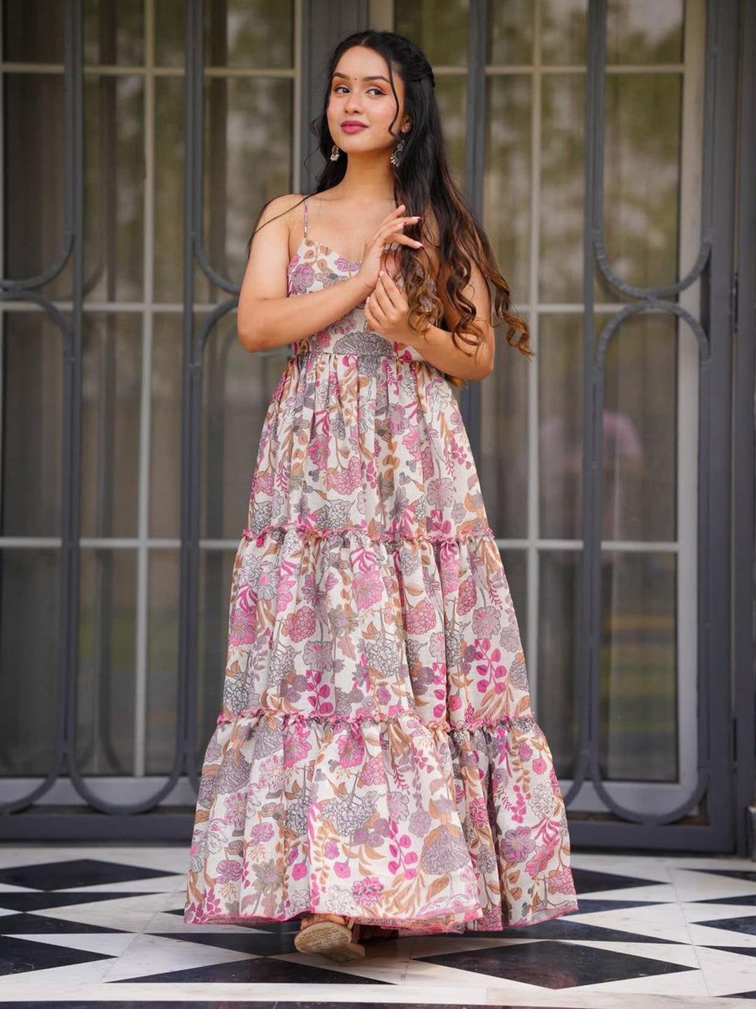 Buy BAPS Women Floral Printed Shoulder Straps Tiered Fit & Flare Maxi ...