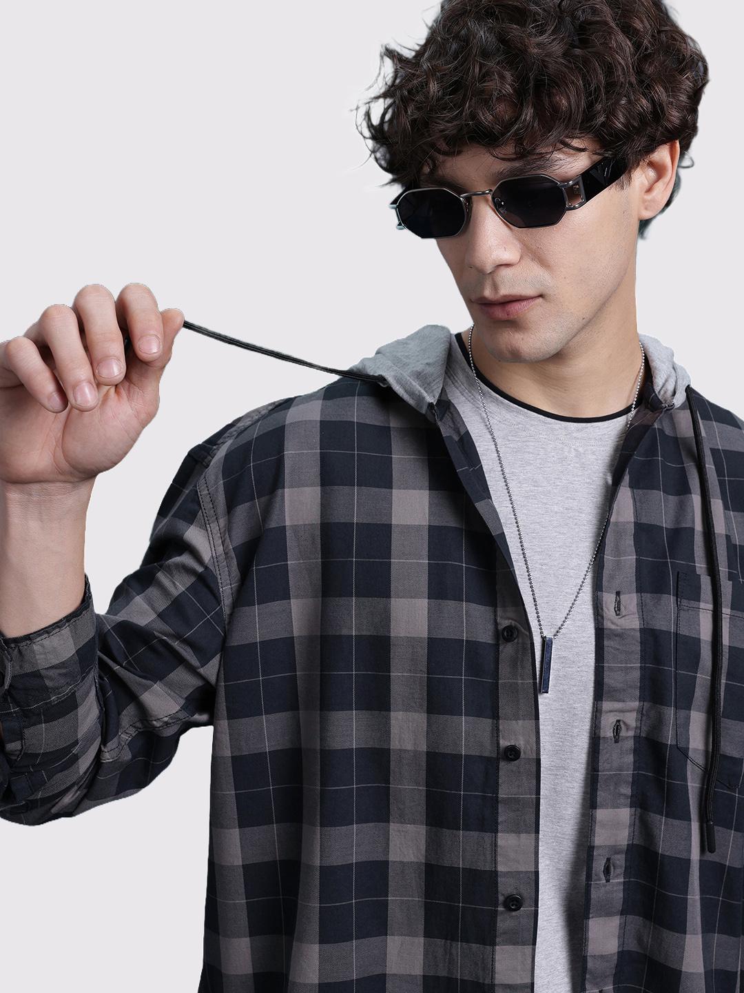 The Roadster Life Co. Tartan Checked Hooded Casual Relaxed Fit Shirt