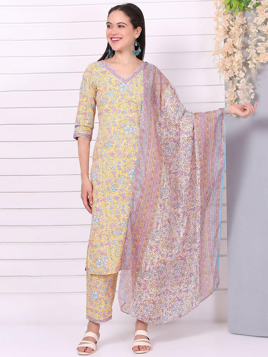 Women Cotton Multicolor Floral Print Kurta Trouser Dupatta