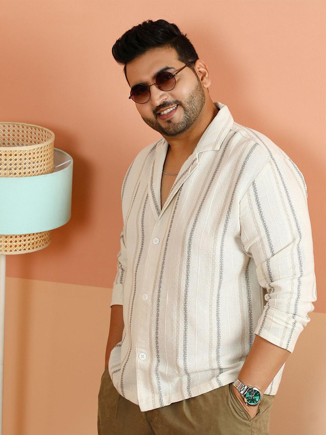 Instafab Plus Comfort Vertical Stripes Cuban Collar Relaxed Fit Cotton Shirt