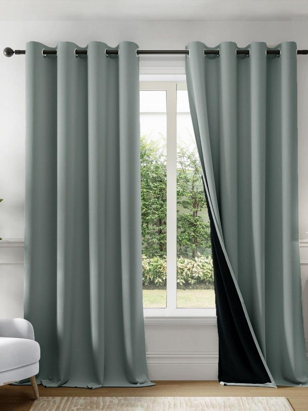 Buy HOMEMONDE Grey & Black 2 Pieces Blackout Window Solid Curtains - - Home for Unisex