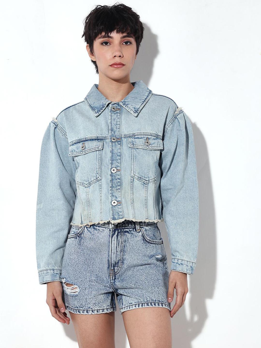 ONLY Spread Collar Washed Crop Denim Jacket