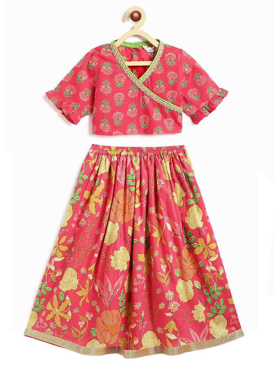 Campana Girls Heera Lehenga Choli Set - Floral Block & Jaal Print - Purple & Peach