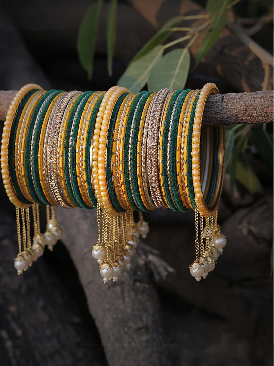 Buy Amika Set Of 42 Green & Gold Toned Latkan Bangles - - Accessories for Women
