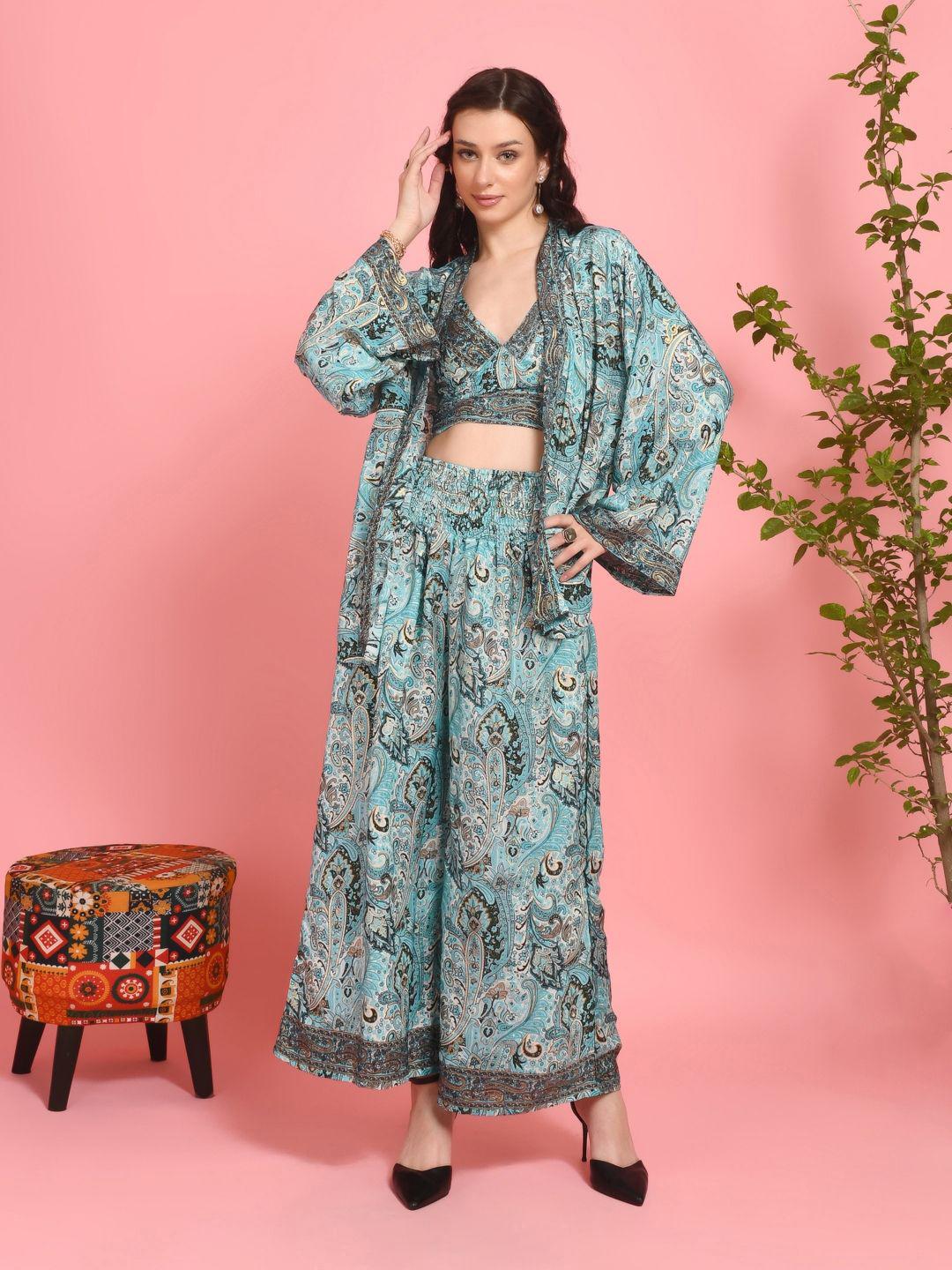 Buy Boholyfe 3 Pieces Naida Ocean Bloom Printed Top & Palazzo With Shrug Co Ords - - Apparel for Women