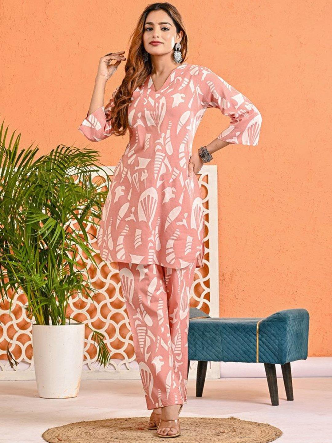 Buy Khatri Creations Printed V Neck Pure Cotton Tunic With Trousers -  - Apparel for Women