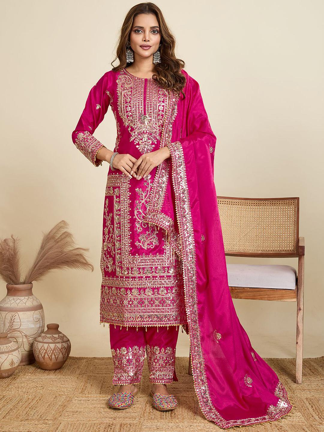 Floral Embroidered Sequinned Straight Kurta & Trouser With Dupatta