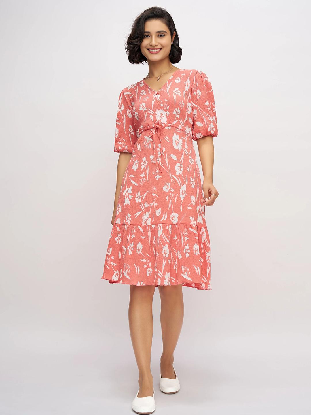 Women's Mauve Floral Printed Fit and Flare Midi Dress