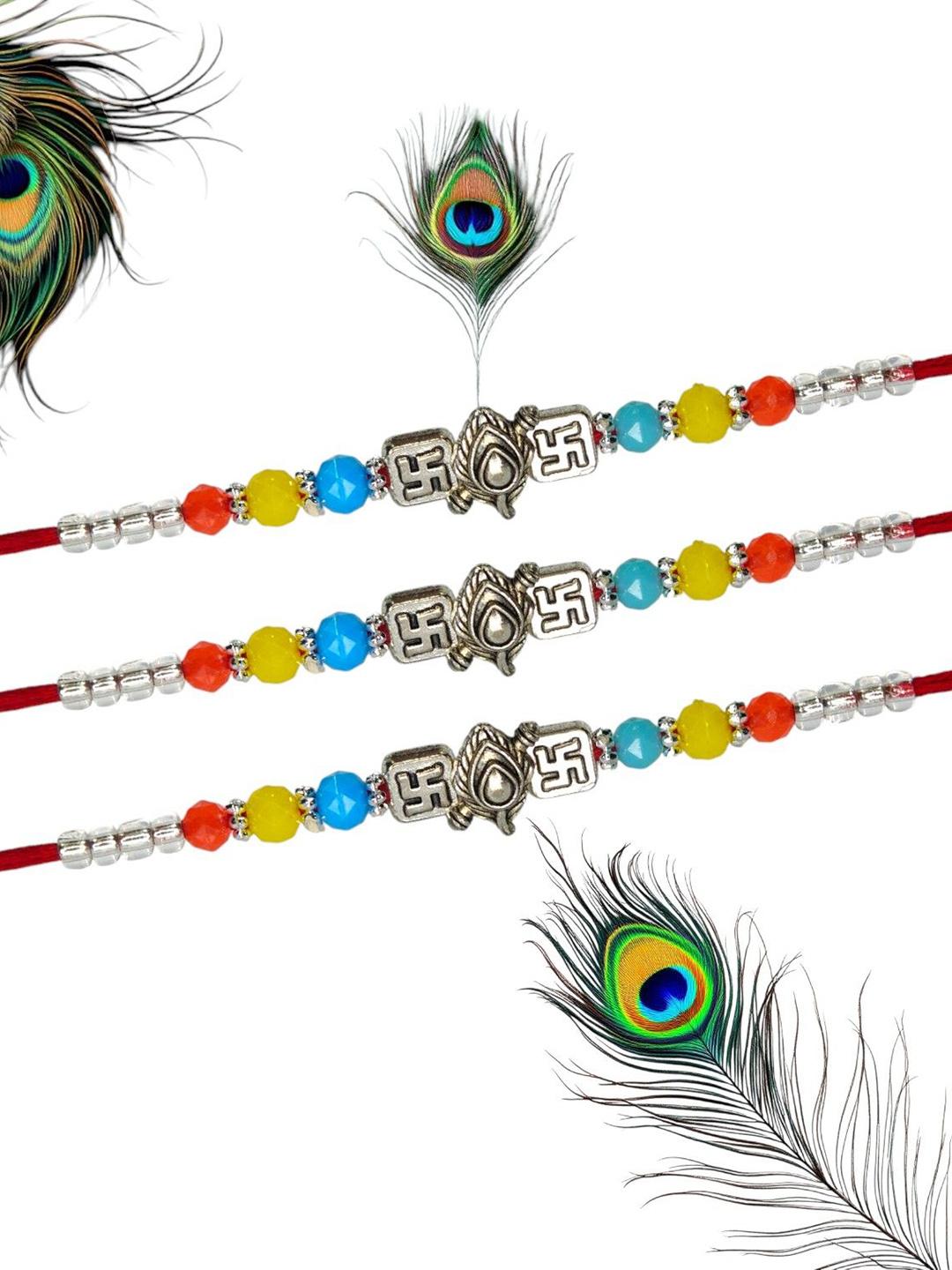 Buy MISHAV Set Of 3 Artificial Beaded Swastik Thread Rakhis With Roli ...