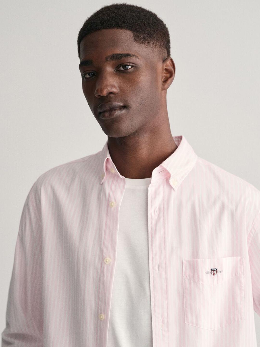 Gant Men Pink Striped Button-down Collar Full Sleeves Shirt