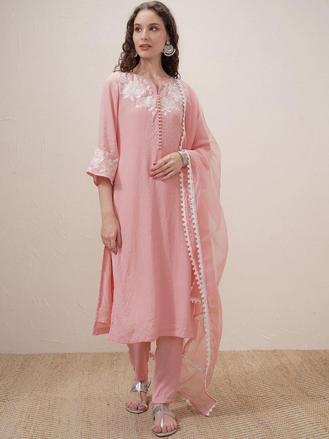 Vishudh Beige Floral Yoke Design Thread Work Regular Pure Cotton Kurta with Trouser main image 1
