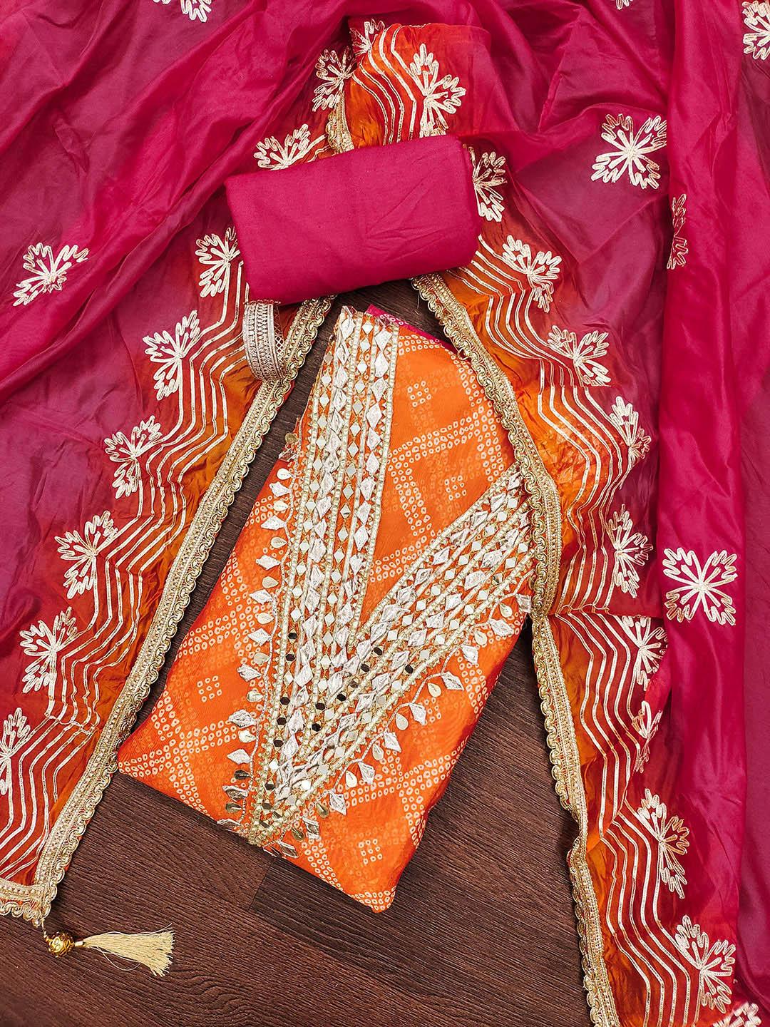 Buy SHADOW & SAINING Bandhani Printed Gotta Patti Organza Semi Stitched ...
