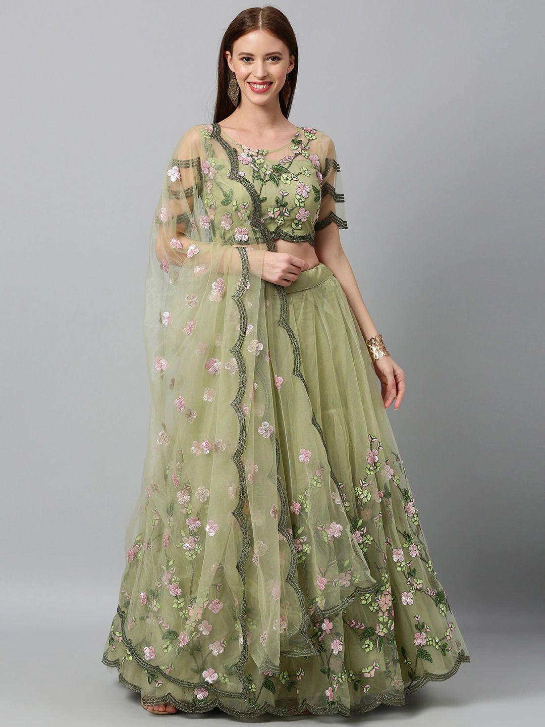 White & Blue Printed Sequinned Semi-Stitched Lehenga & Unstitched Blouse With Dupatta