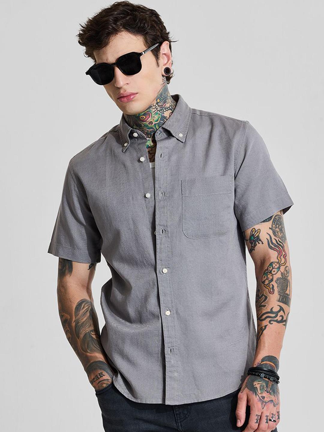 Snitch Men Button-Down Collar Solid Cotton Linen Casual Shirt