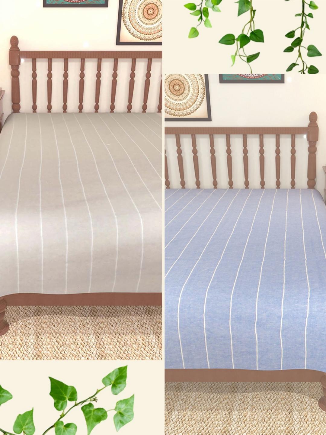 Buy Myntra Elegant Homes Blue & Grey 2 Pieces Striped 180 TC Single Bedsheet 1.5 M X 2.4 M - - Home for Unisex