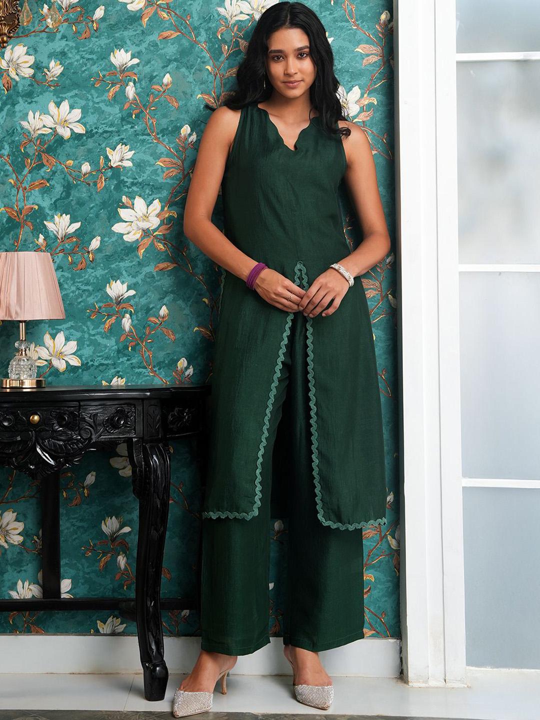QISSA Green V-Neck Sleeveless Straight Kurta With Palazzos Set - Image 1