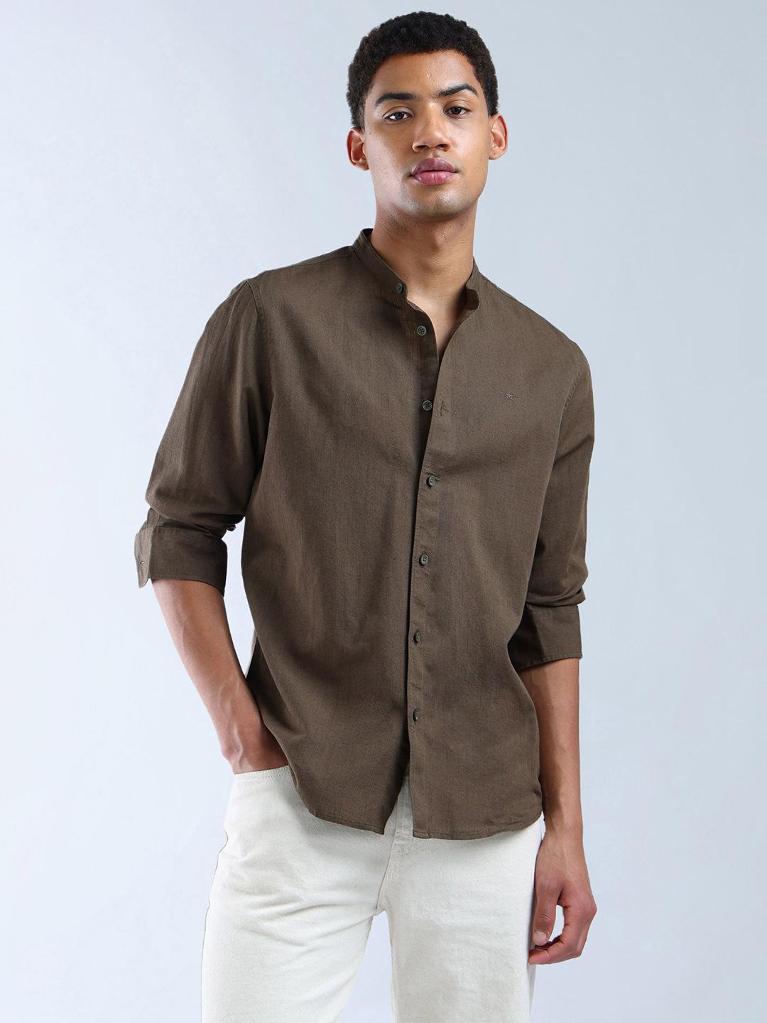 Flying Machine Men Classic Regular Fit Mandarin Collar Solid Cotton Casual Shirt