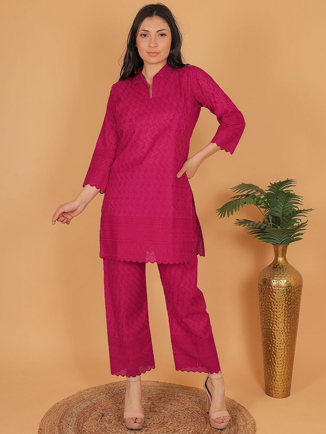Buy Trendzmy Floral Embroidered Shirt Collar Tunic With Trouser - - Apparel for Women
