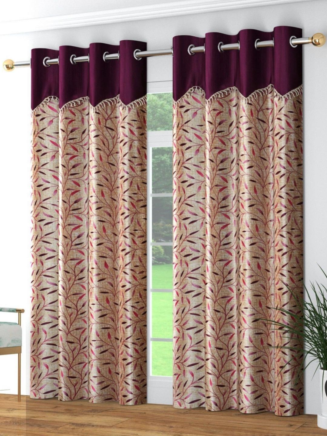 Buy Galaxy Home Decor Purple & Beige 2 Pieces Floral Printed Window Curtain 5 Feet - - Home for Unisex