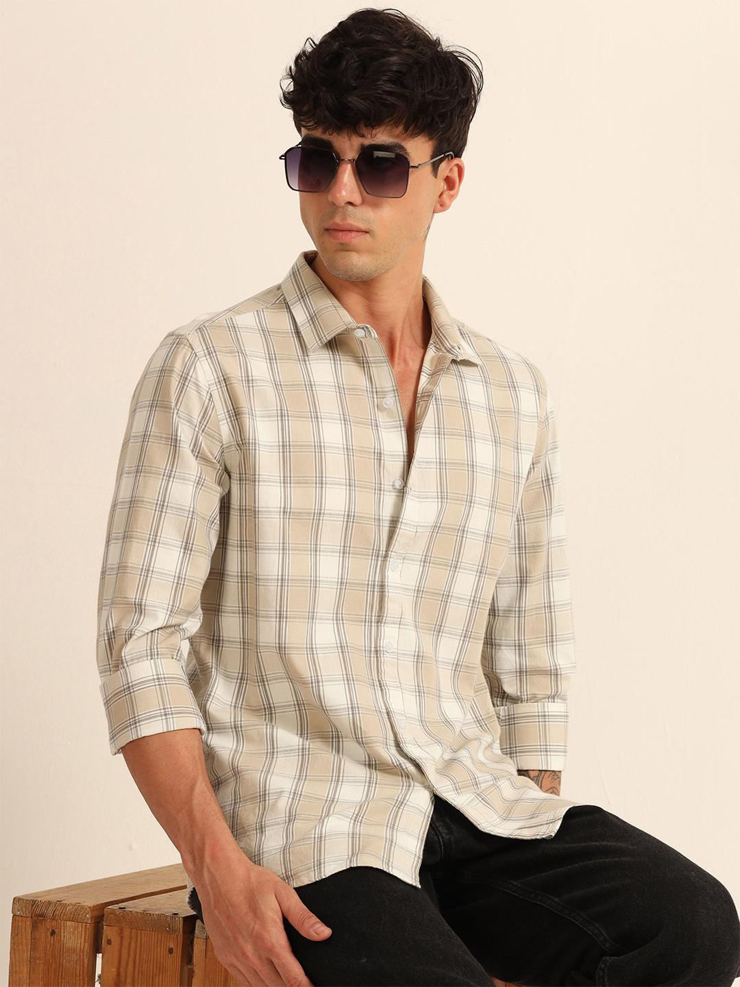 Bushirt Men Classic Fit Tartan Checked Spread Collar Cotton Casual Shirt